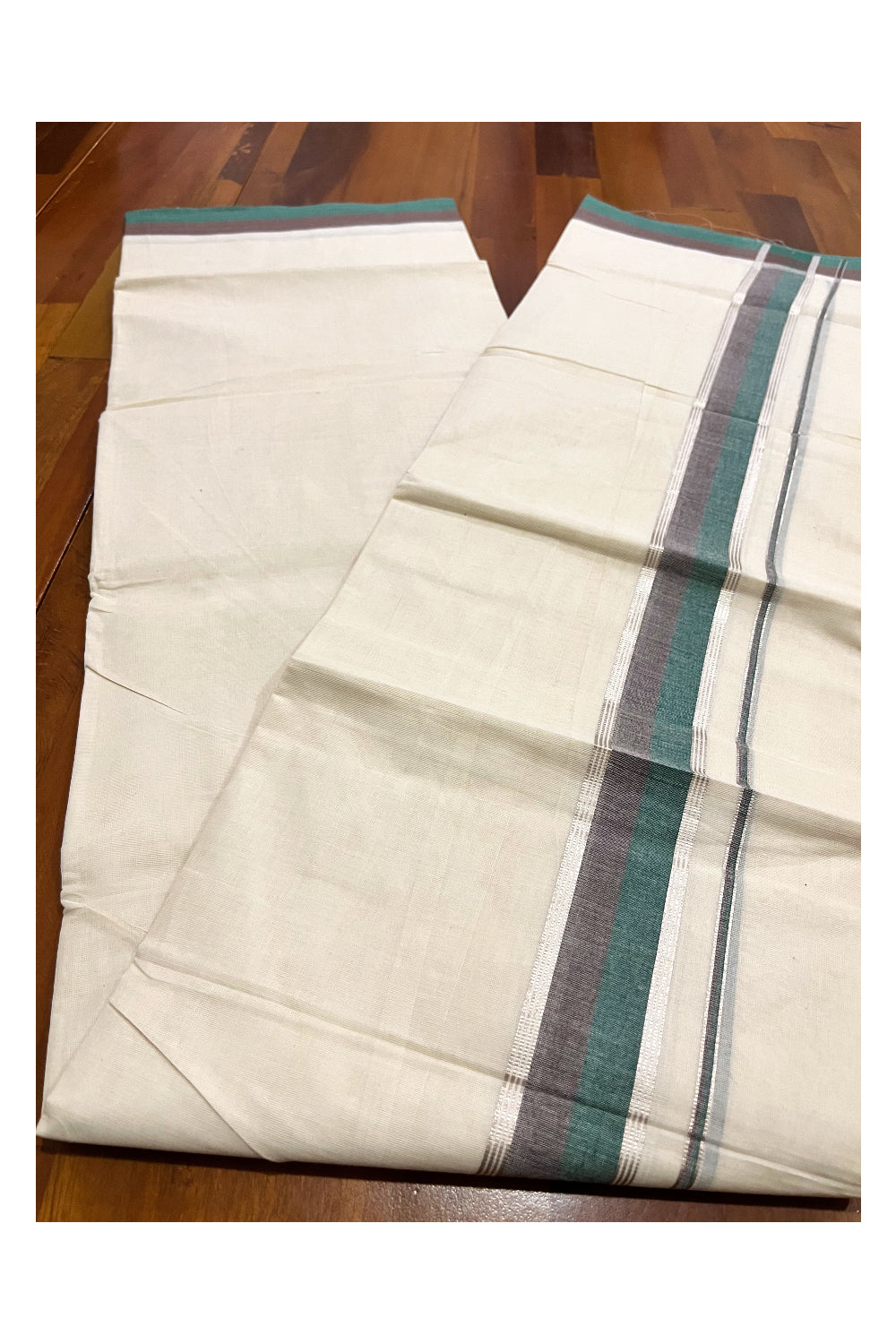 Kerala Pure Cotton Double Mundu with Green Brown and Silver Kasavu Border (South Indian Kerala Dhoti)