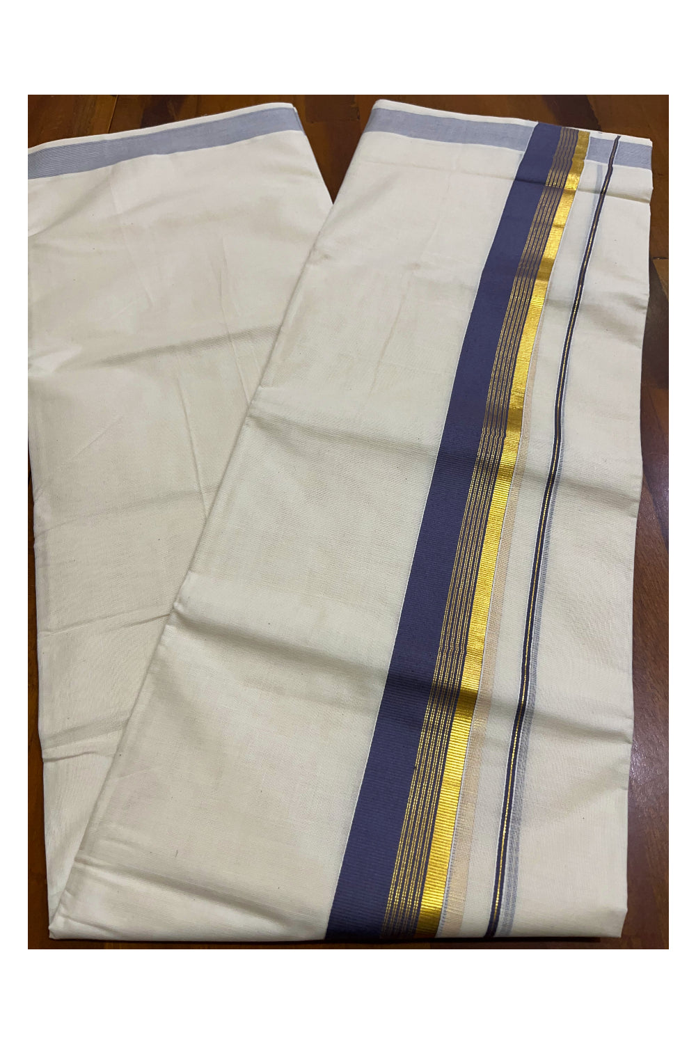 Kerala Pure Cotton Double Mundu with Grey and Kasavu Border (South Indian Kerala Dhoti)