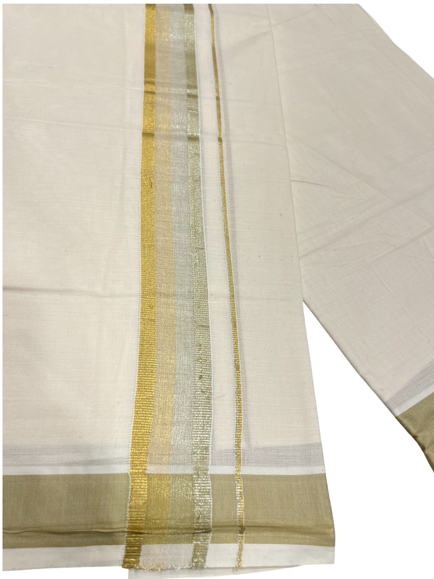 Southloom Kerala Pure Cotton Double Mundu with Olive Green Border (South Indian Dhoti)