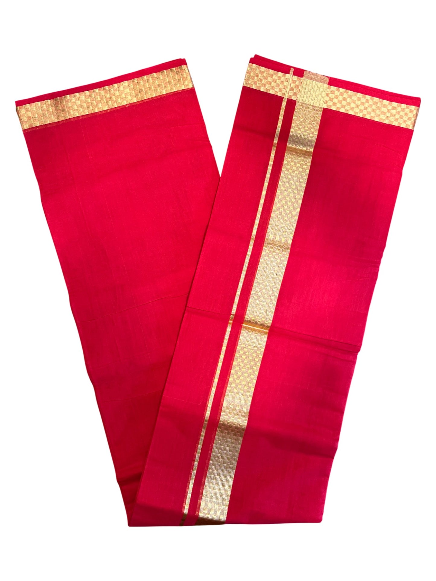 Southloom Premium Handloom Cotton Red Double Mundu with Gold Kasavu and Paa Neythu Border