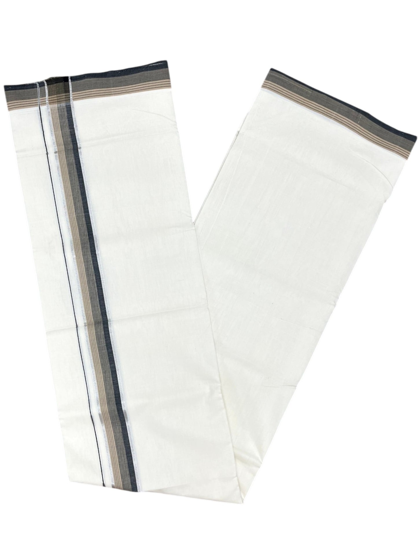 Southloom Unakkupaavu Premium Handloom Cotton Double Mundu with Silver Kasavu and Black and Beige Border