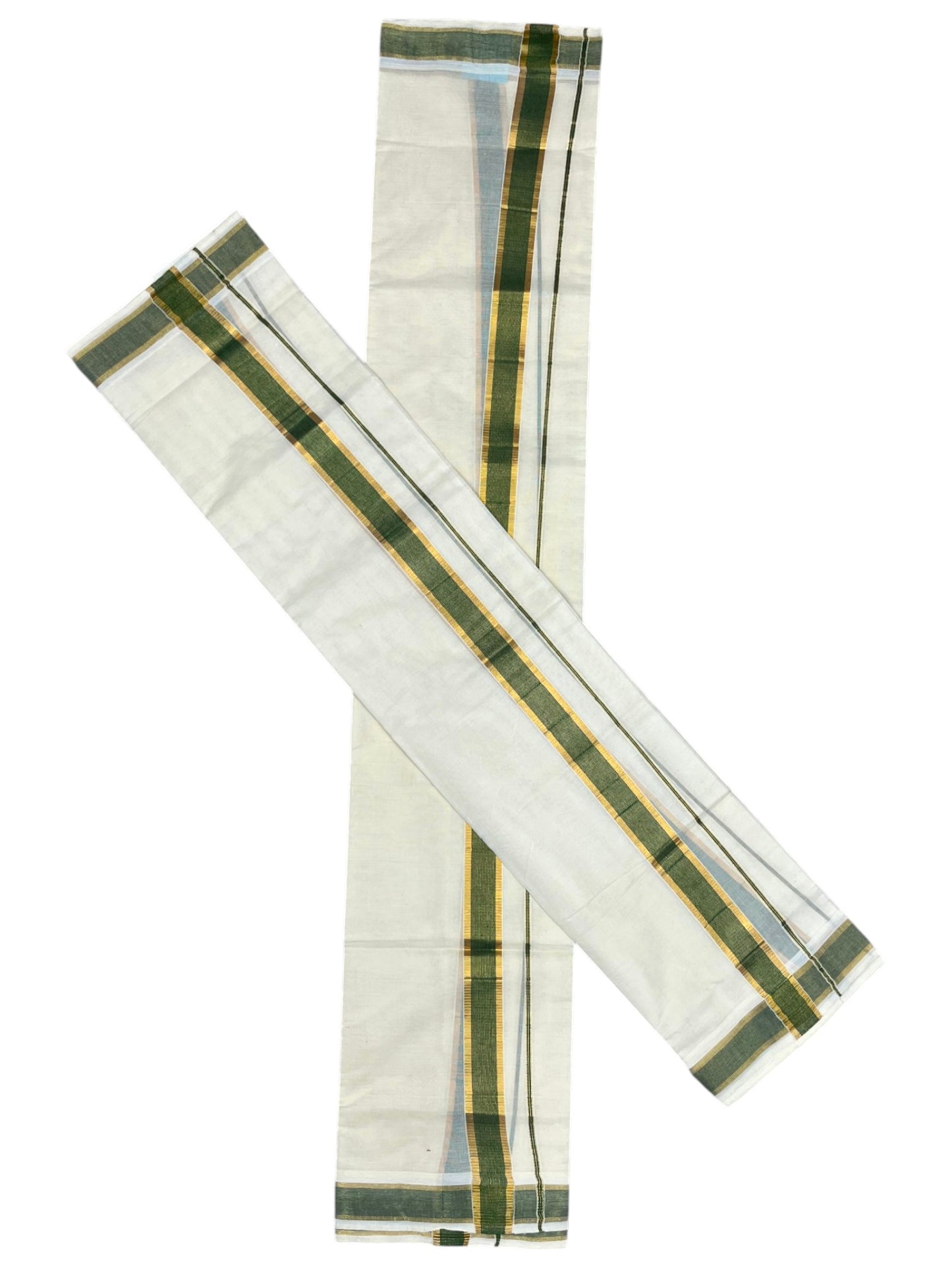 Southloom Pure Cotton Kerala Kasavu  Set Mundu (Mundum Neriyathum) Kasavu & Green Border in 2.80 Mtrs