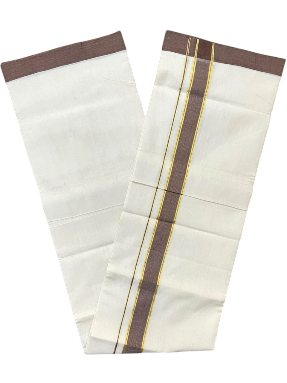 Southloom Balaramapuram Unakkupaavu Premium Handloom Cotton Double Mundu with Gold Kasavu and Brown Border