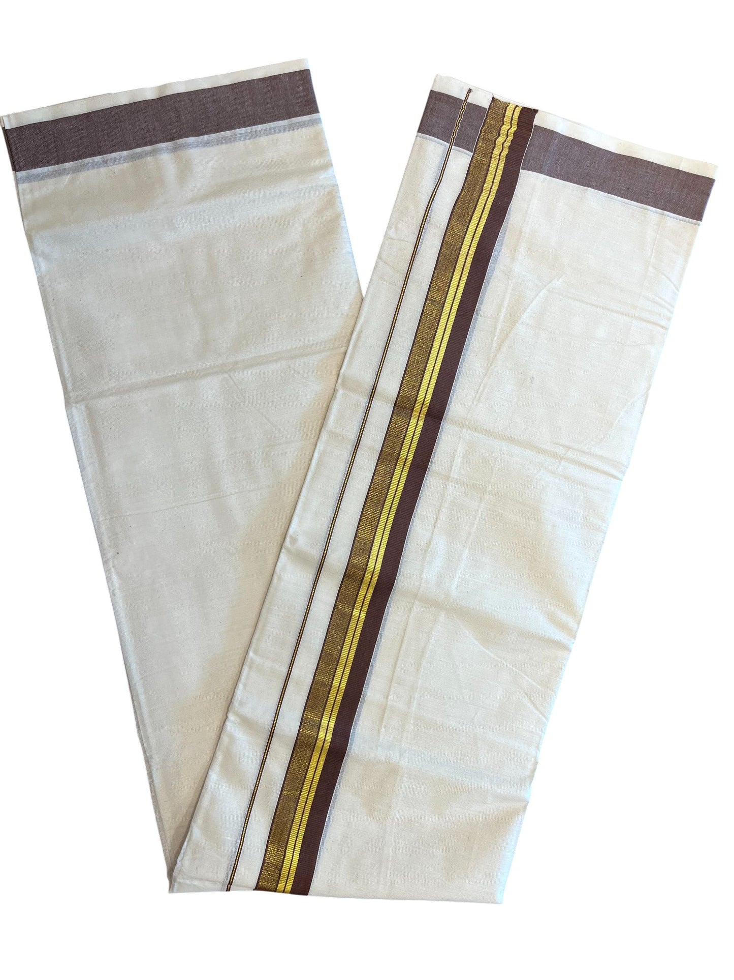 Southloom Kerala Pure Cotton Double Mundu with Gold Lines & Brown Border (South Indian Dhoti)