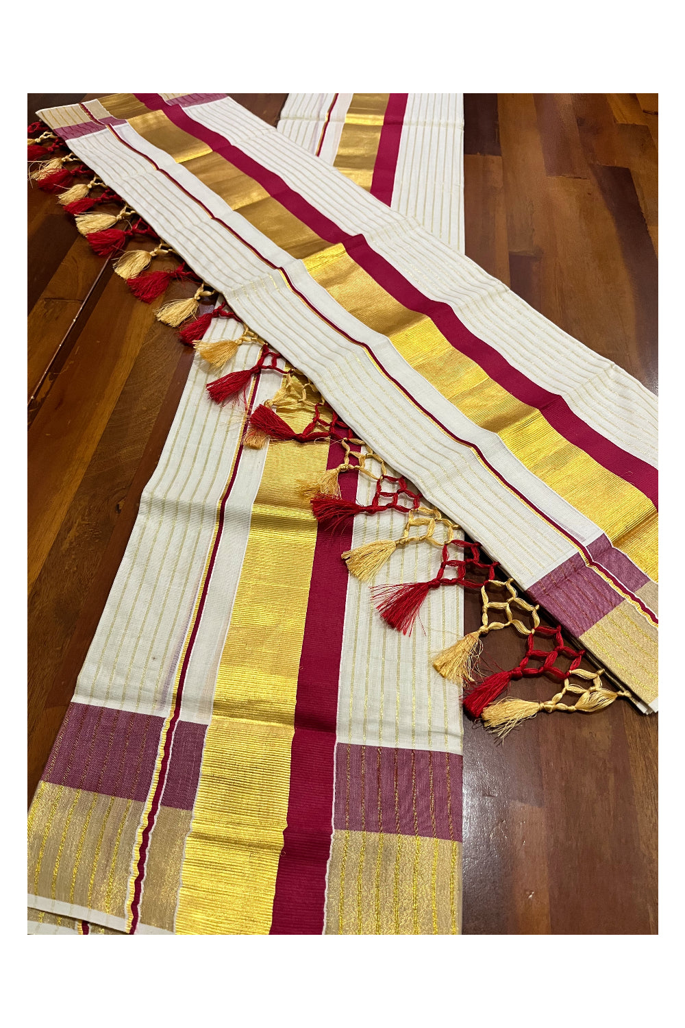 Pure Cotton Kerala Set Mundu with Kasavu Lines on Body Maroon Border and Tassels Designs 2.80 Mtrs