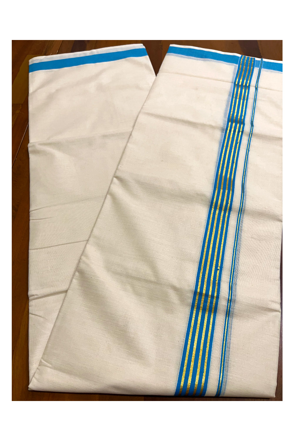 Pure Cotton Kerala Double Mundu with Light Blue and Kasavu Lines Kara (South Indian Kerala Dhoti)