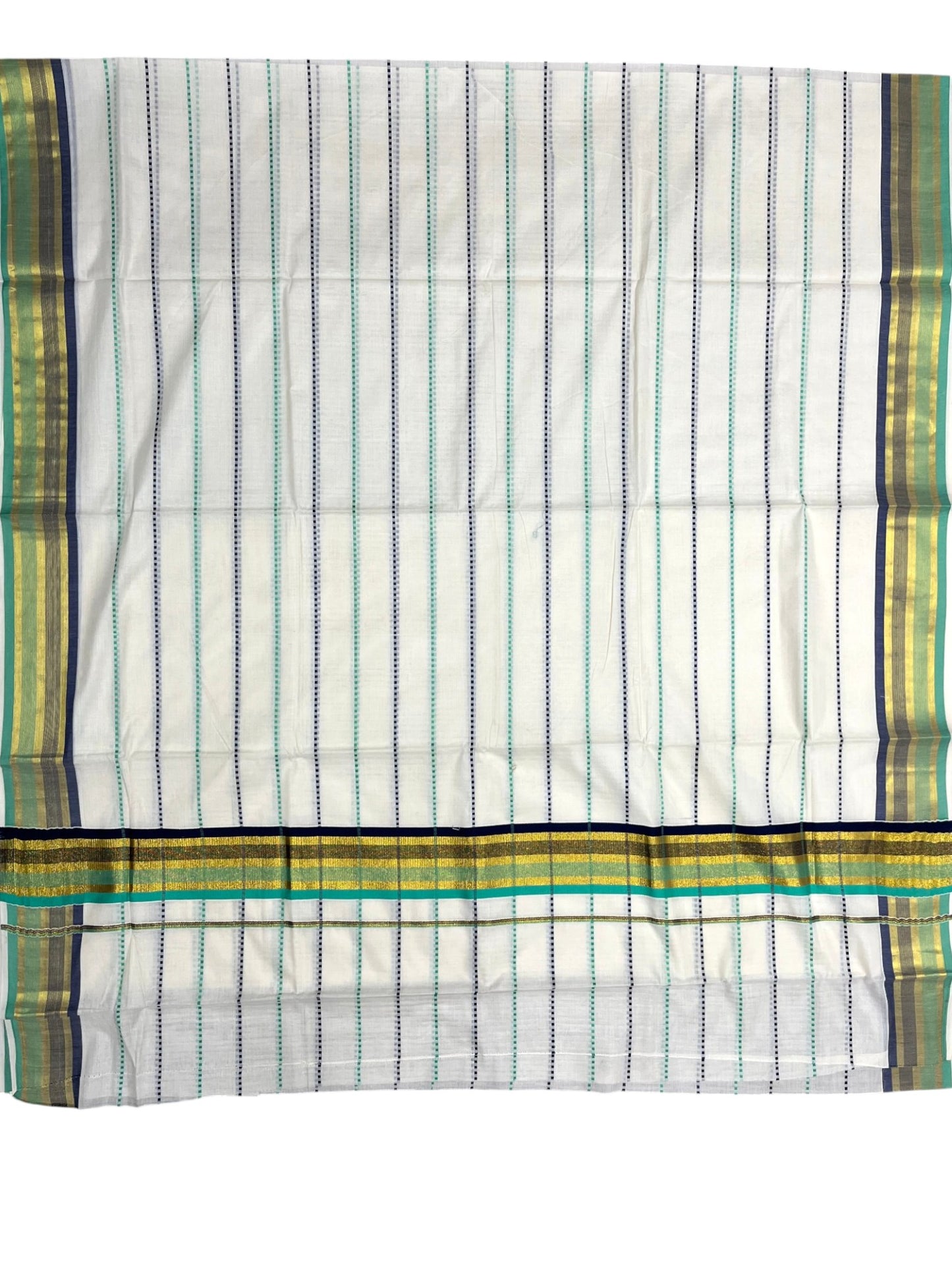 Southloom Cotton Kasavu Saree with Green and Blue Thread Work Across Body