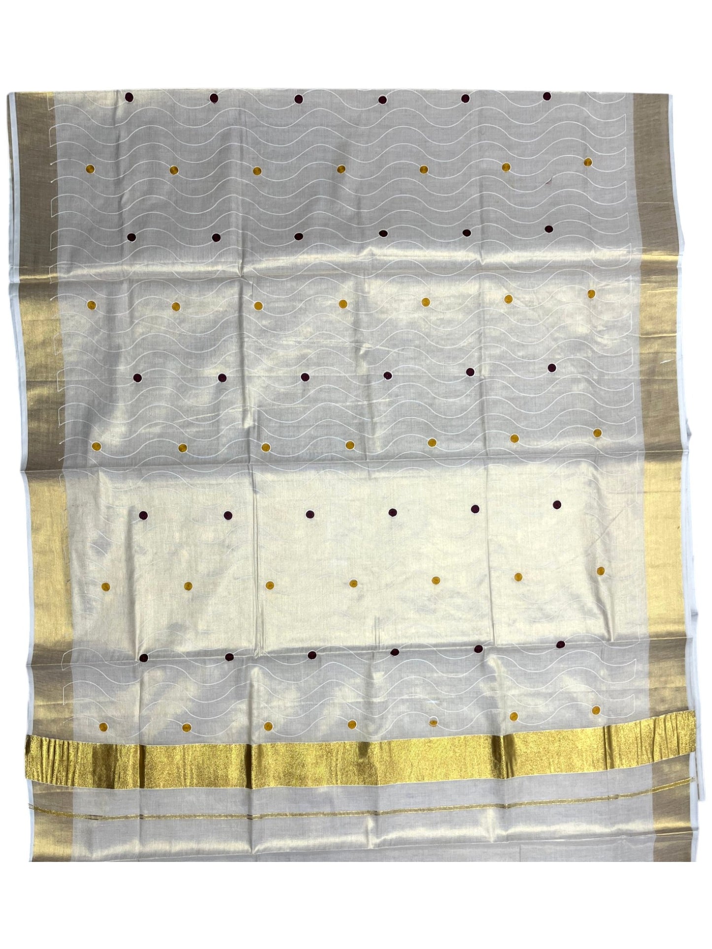 Southloom Kerala Tissue Kasavu Saree with Yellow and Maroom Polka with Embroidery Works