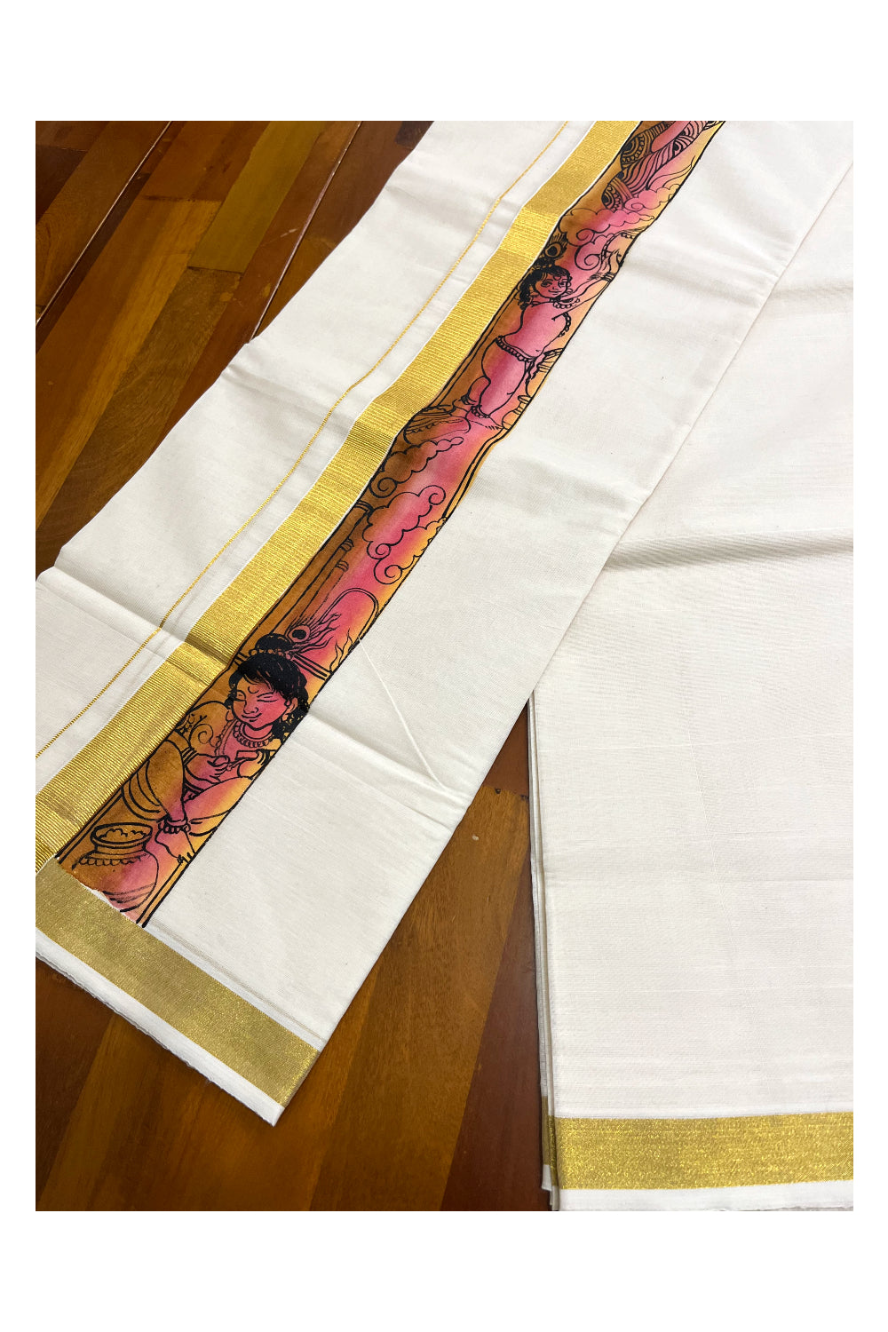 Kerala Pure Cotton Double Mundu with Mural Hand Painted Design on Kasavu Border (South Indian Kerala Dhoti)