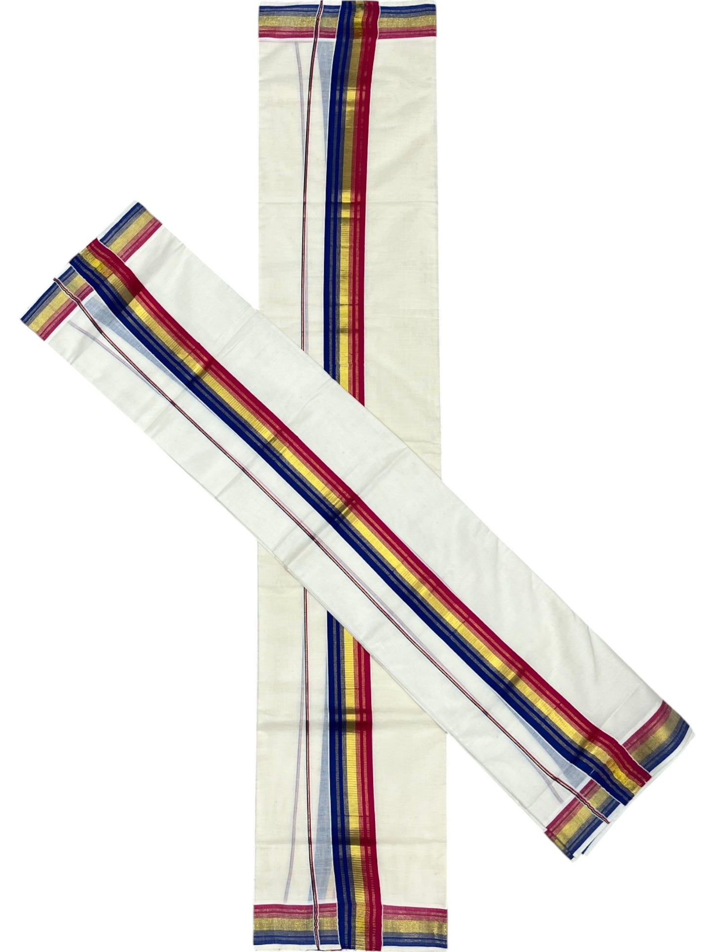 Southloom Kerala Cotton Kasavu Single Set Mundu (Mundum Neriyathum) with Blue and Magenta Kasavu Border SLKK SL480