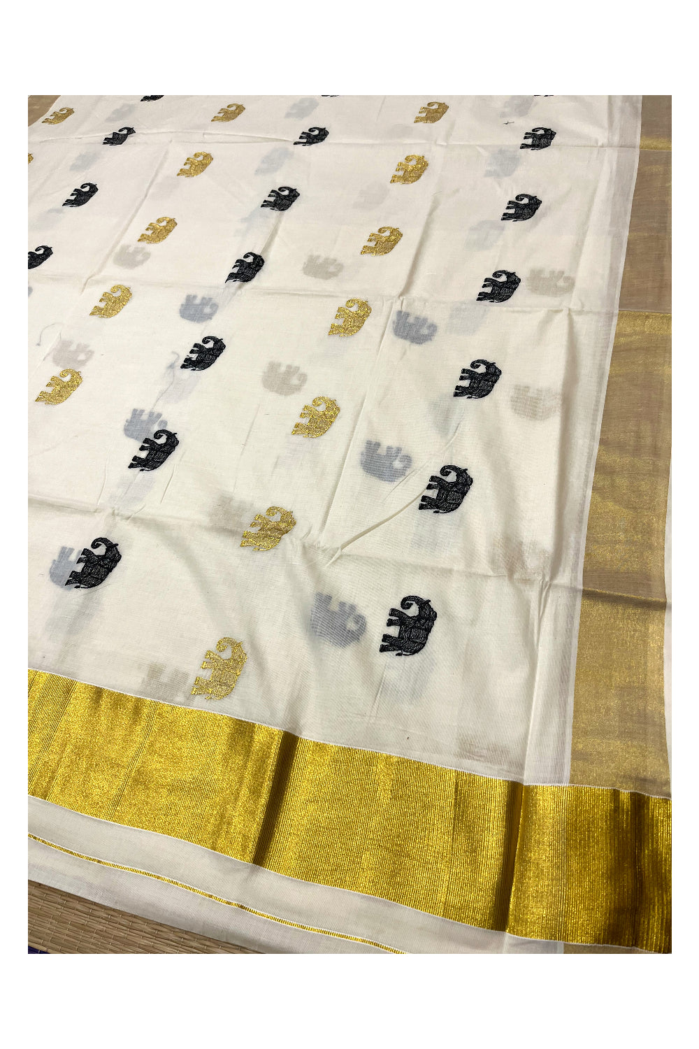 Kerala Cotton Kasavu Saree with Elephant Embroidery Works