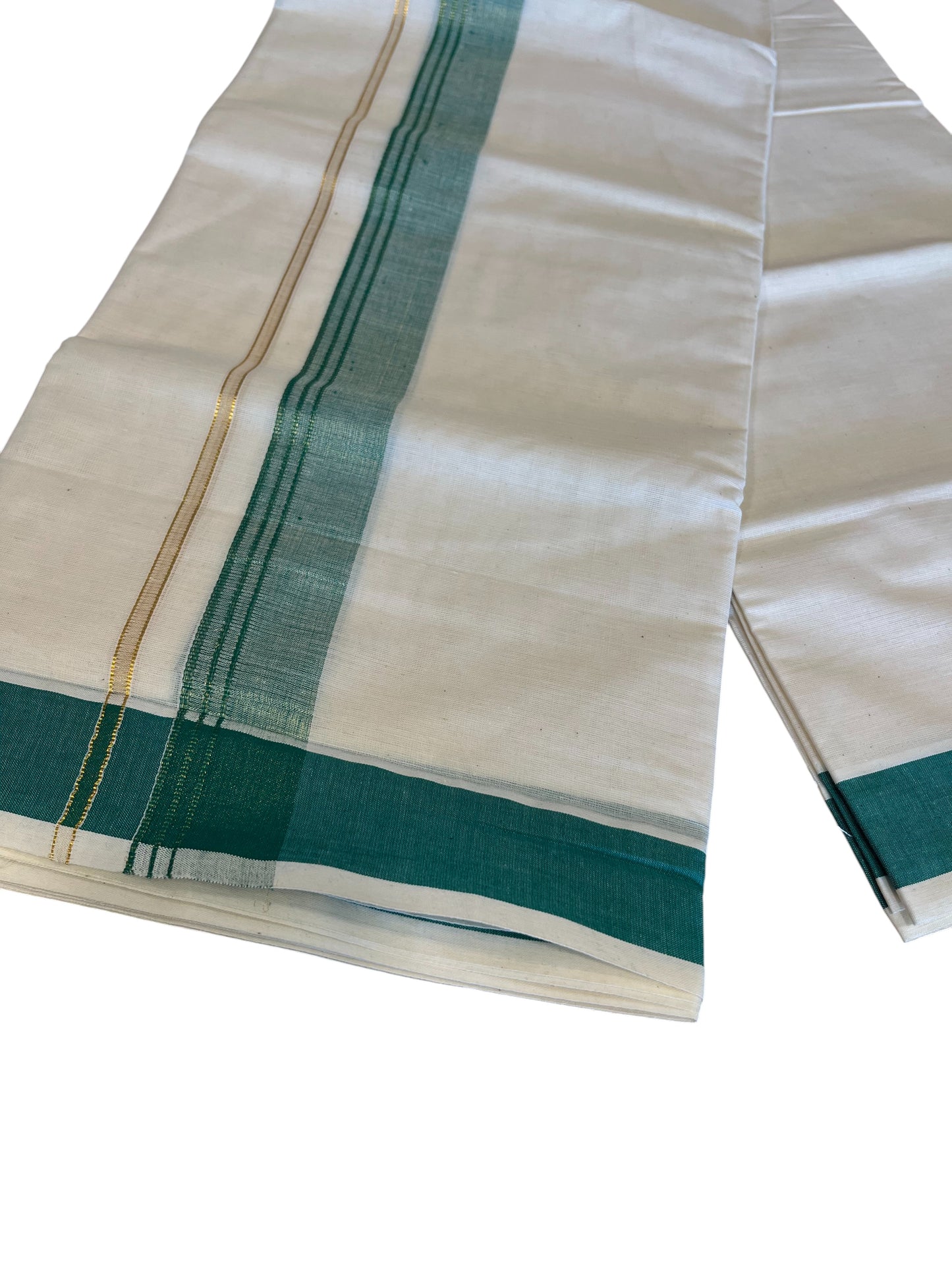 Southloom Pure Cotton Mundu with Green Lines and Green Border (South Indian Kerala Dhoti)