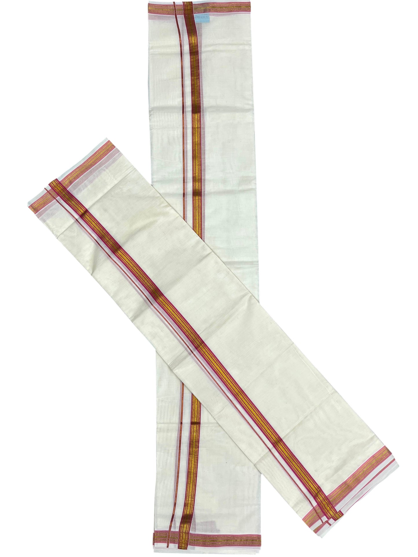 Southloom Pure Cotton Kerala Single Set Mundu (Mundum Neriyathum) with Pink Kasavu Border in 2.80 Mtrs