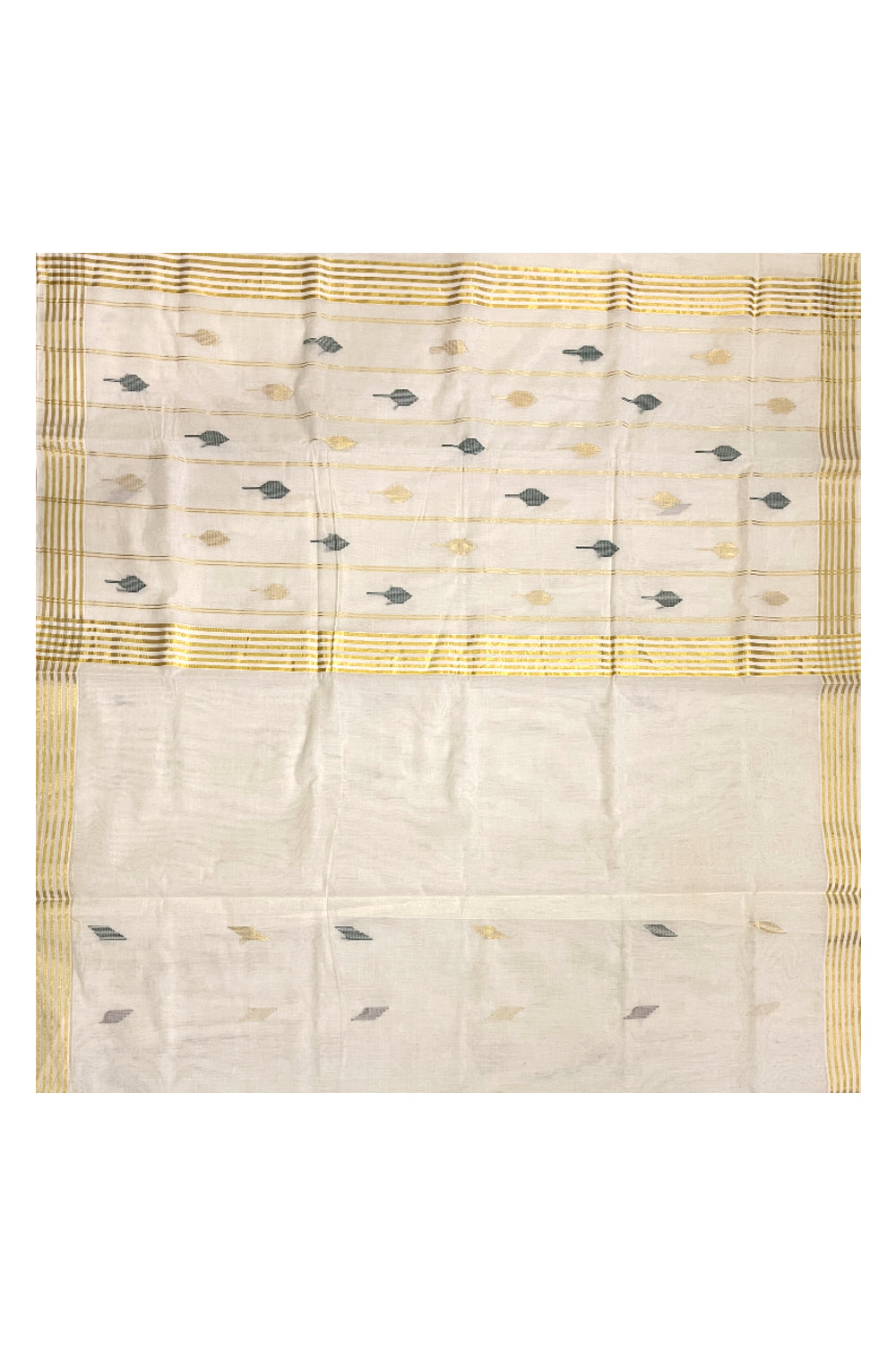 Southloom Premium Handloom Cotton Kerala Saree with Golden and Green Butta Works