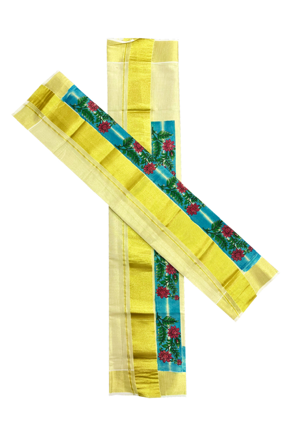 Kerala Tissue Single Set Mundu (Mundum Neriyathum) with Red Floral Block Prints in Blue Border 2.80 Mtrs (Onam 2024 Collection)