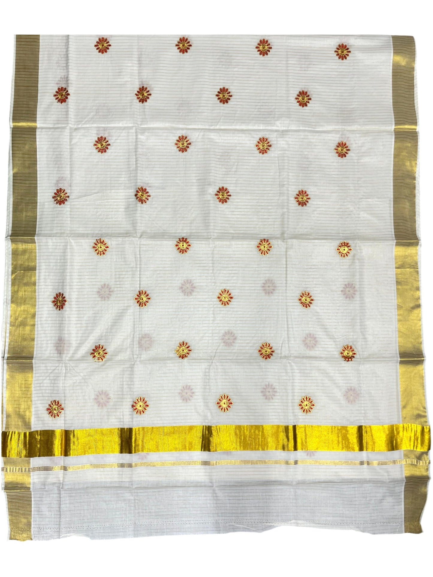 Southloom Cotton Kerala Kasavu Stripes Saree with Floral Embroidery Design in Red