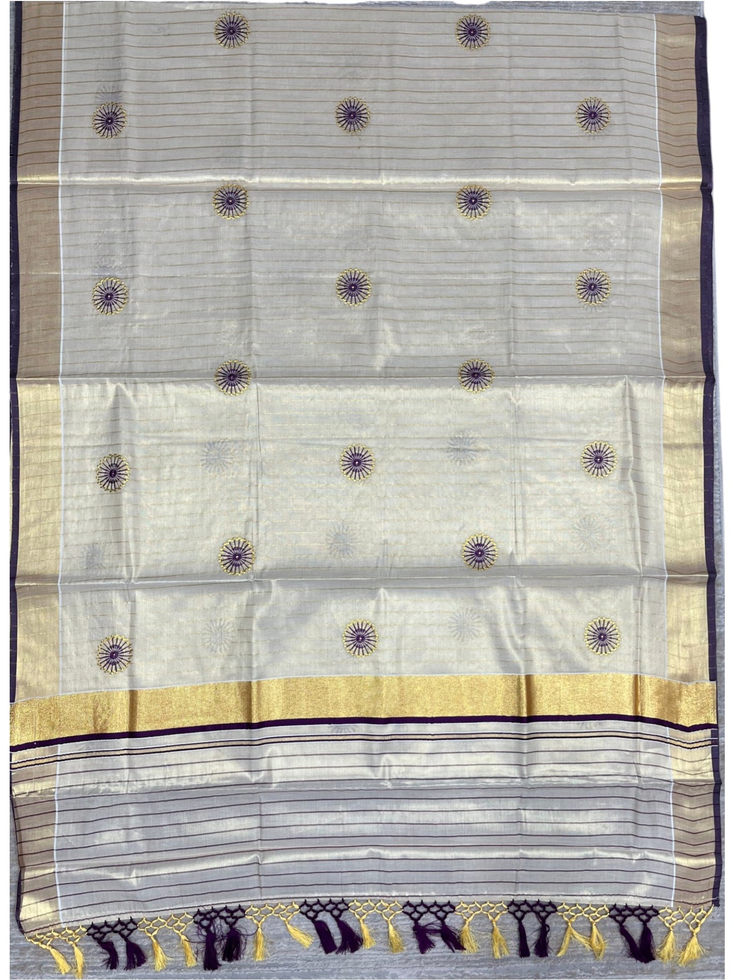 Southloom Tissue Kerala Kasavu Lines Saree with Embroidery Work on Body in Purple