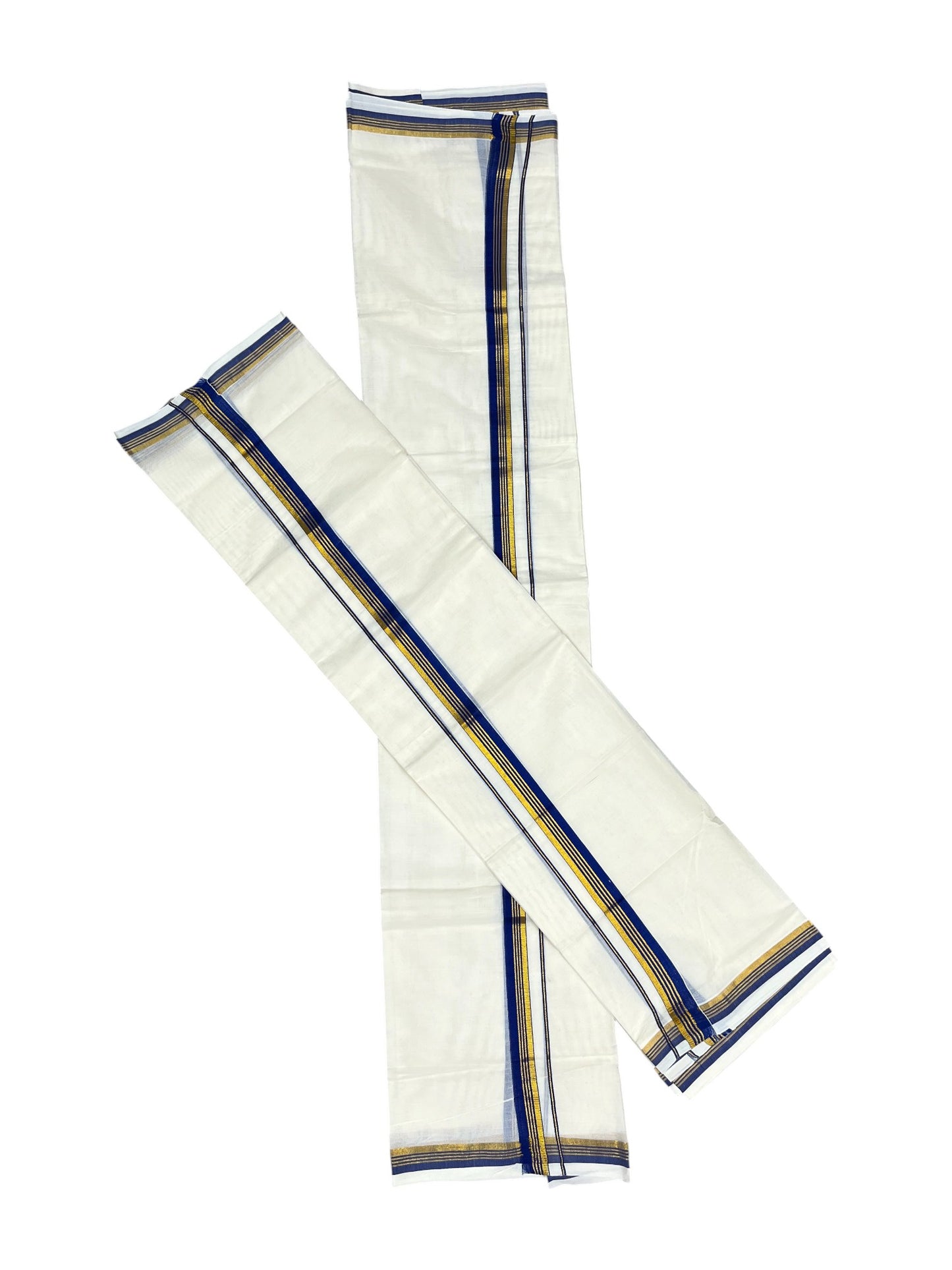 Pure Cotton Kerala Single Set Mundu (Mundum Neriyathum) with Blue Kasavu Border in 2.80 Mtrs