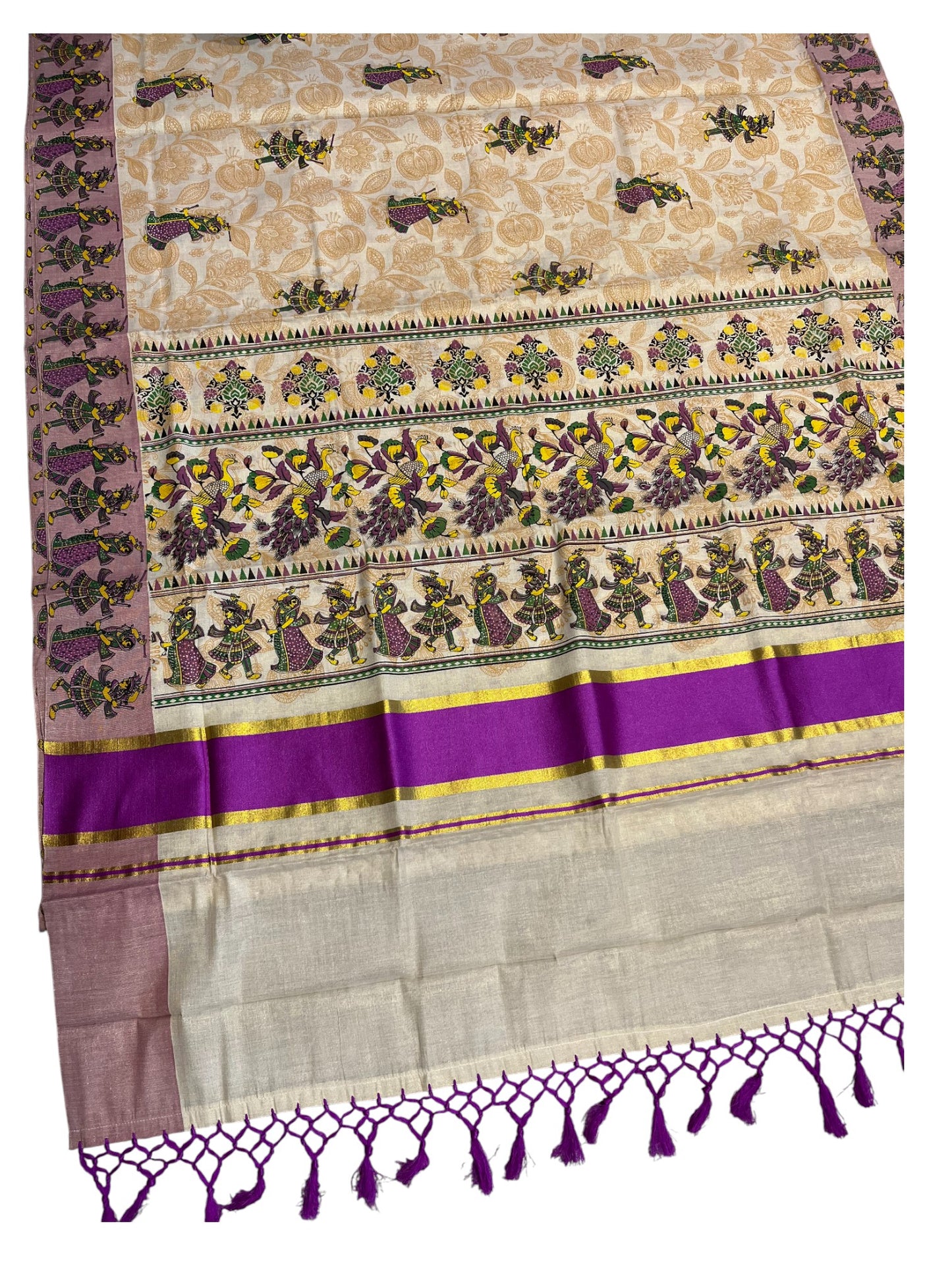 Southloom Kerala Tissue Kasavu Saree Violet Hand Printed