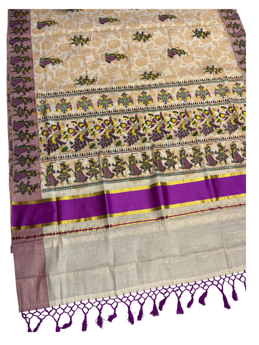 Southloom Kerala Tissue Kasavu Saree Violet Hand Printed