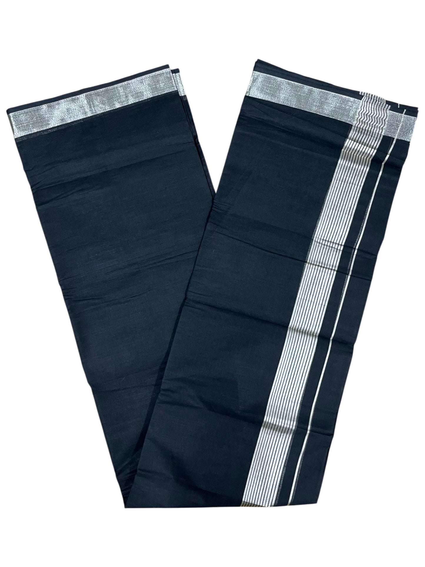 Southloom Kerala Pure Cotton Black Double Mundu with Silver Kasavu and Border (South Indian Dhoti)