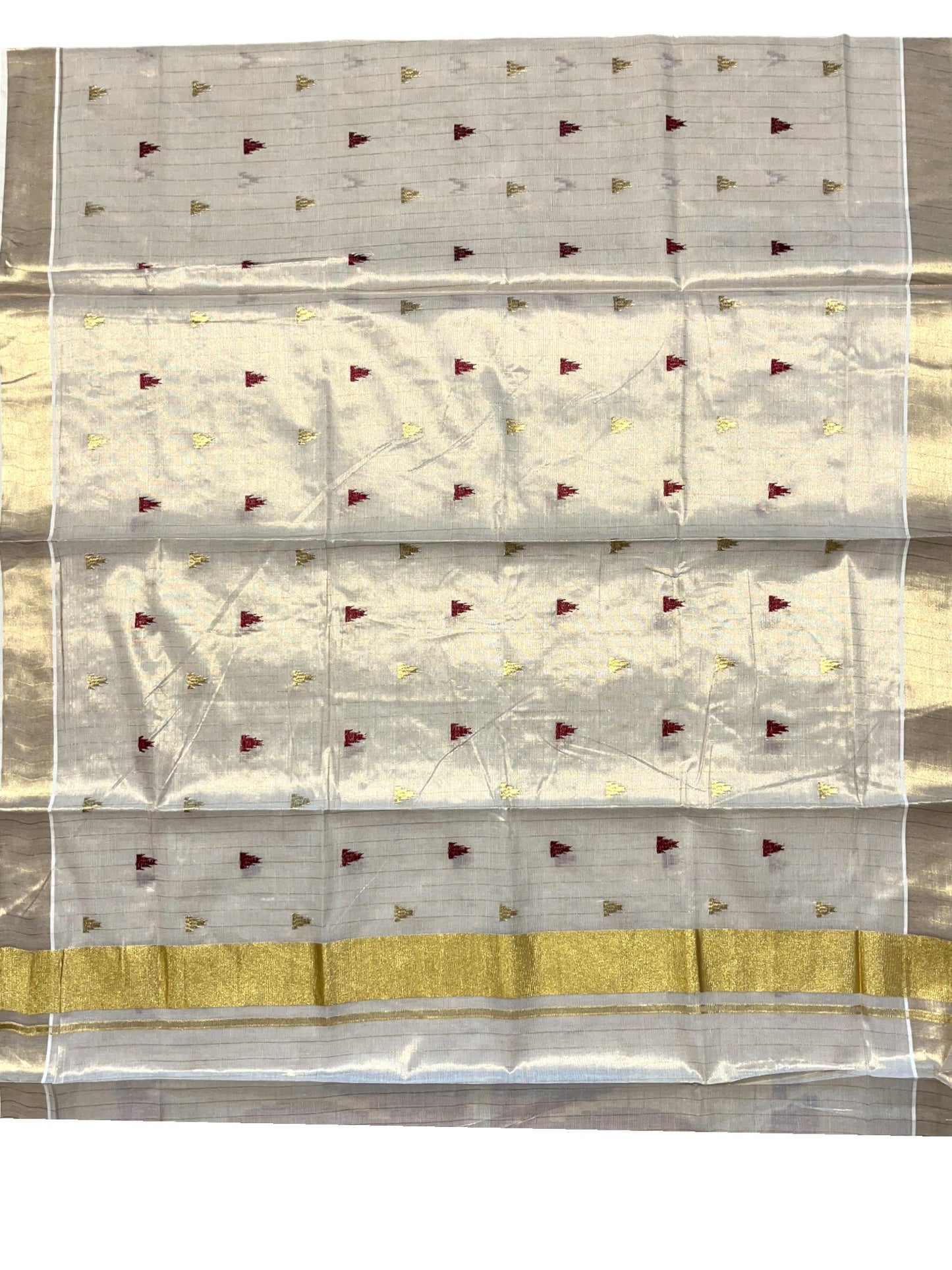 Southloom Kerala Tissue Kasavu Stripes Saree With Maroon Temple Embroidery on Body