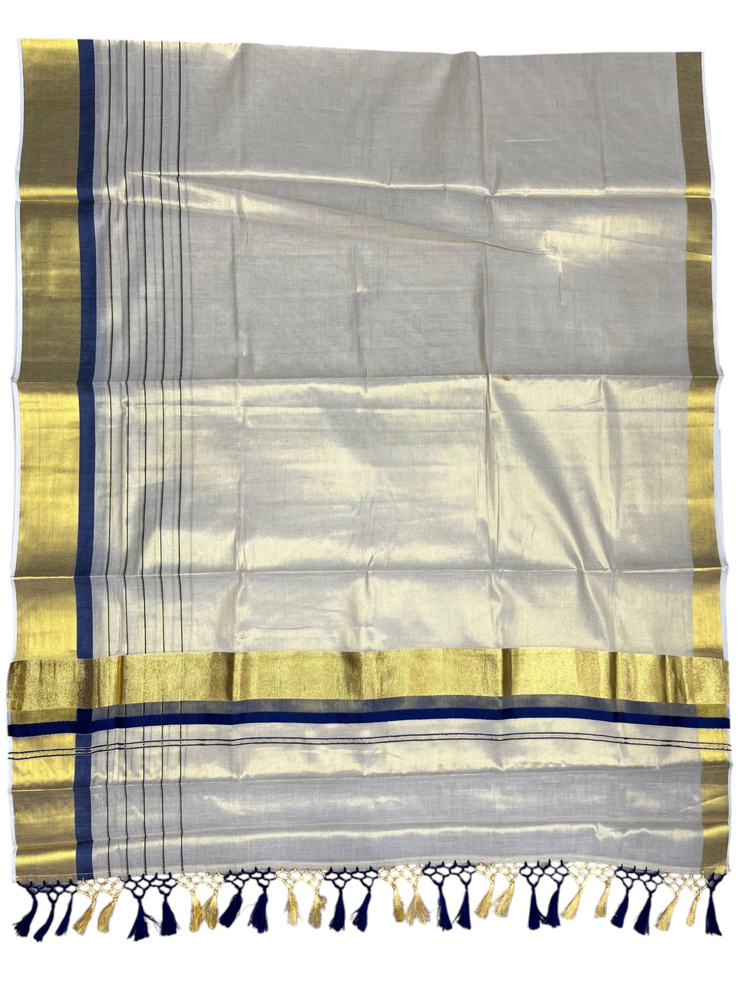 Southloom Kerala Tissue  Kasavu Saree with Stripes on Body with Blue Borders