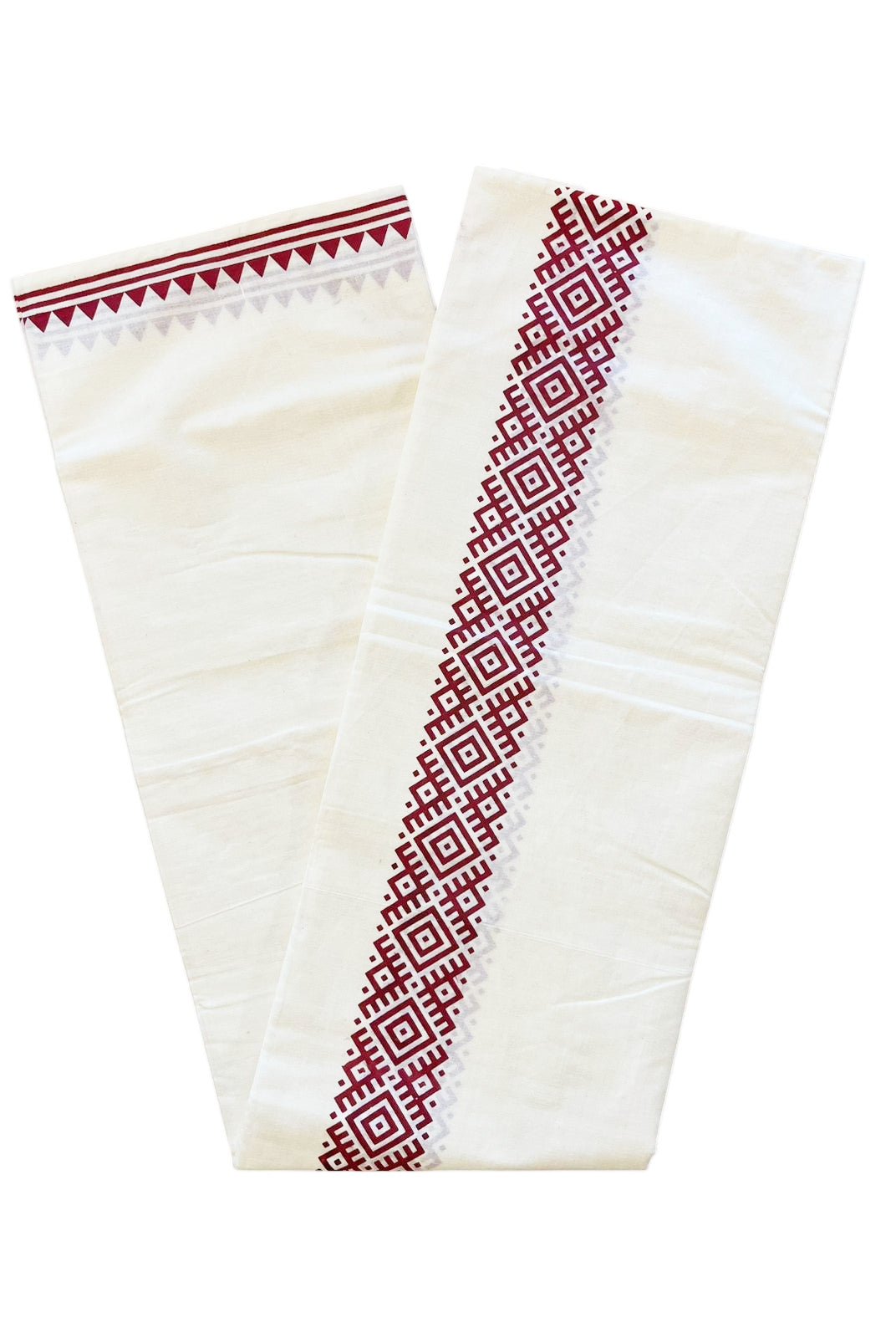 Pure Cotton Off White Double Mundu with Maroon Block Prints On Border (South Indian Kerala Dhoti)