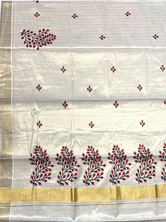 Southloom Tissue Kerala Kasavu Stripes Saree with Floral Embroidery Design