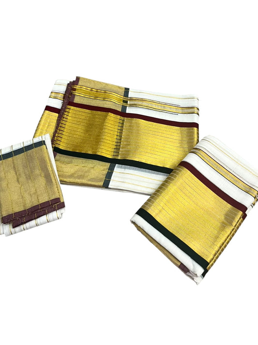 Southloom Premium Cotton Stripes Handloom Set Mundu with Chuttikara Kasavu With Green And Maroon Golden Border (2.80 Mtr) SL632