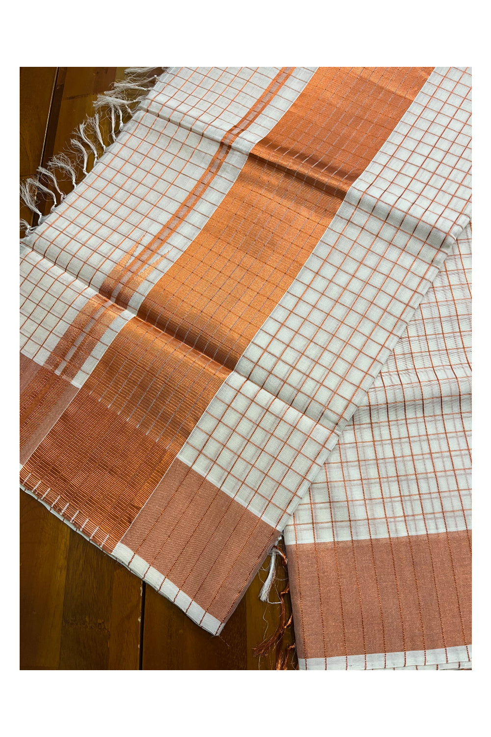 Southloom Premium Handloom Kerala Copper Kasavu Check Design Saree