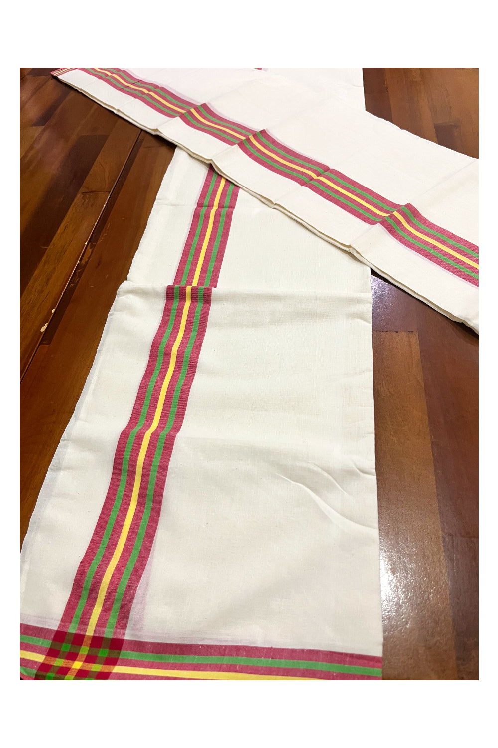 Kerala Mulloth Cotton Single Mundum Neriyathum with Red Green Yellow Border 2.80 Mtrs (Extra Soft Cotton)