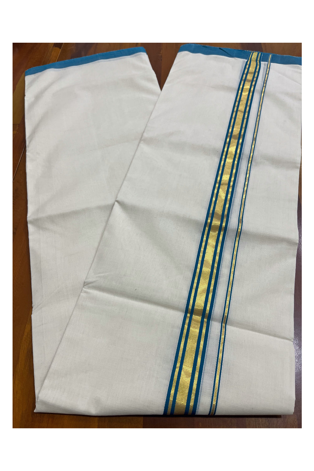 Premium Balaramapuram Handloom Unakkupaavu Cotton Double Mundu with Green and Kasavu Border (Onam 2024 Collection)