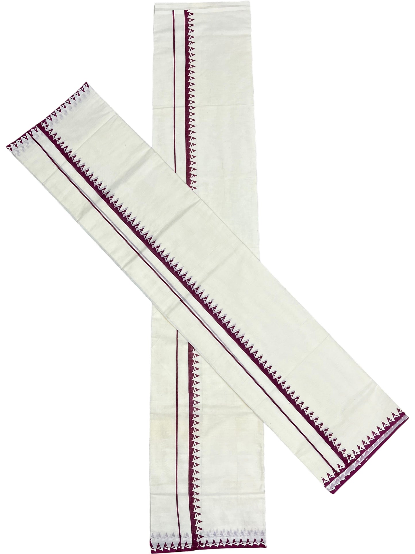 Kerala Cotton Set Mundu (Mundum Neriyathum) with Purple Block Prints on Body