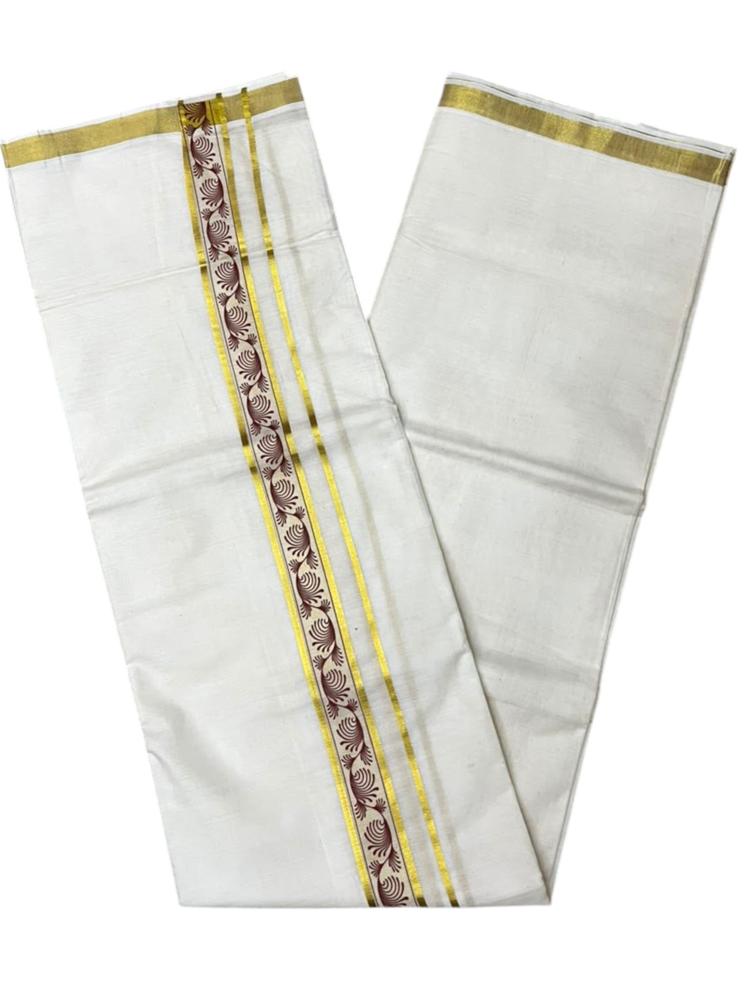 Southloom Pure Cotton Double Mundu with Maroon Block Printed And Ksavu Border (South Indian Kerala Dhoti)