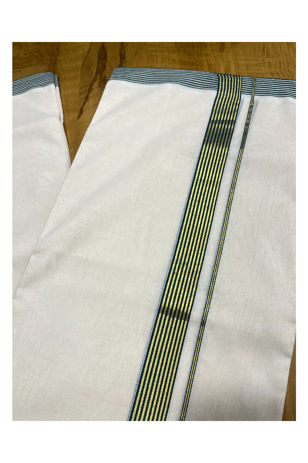 Premium Balaramapuram Handloom Unakkupaavu 1 inch Double Mundu with Kasavu and Green Kara