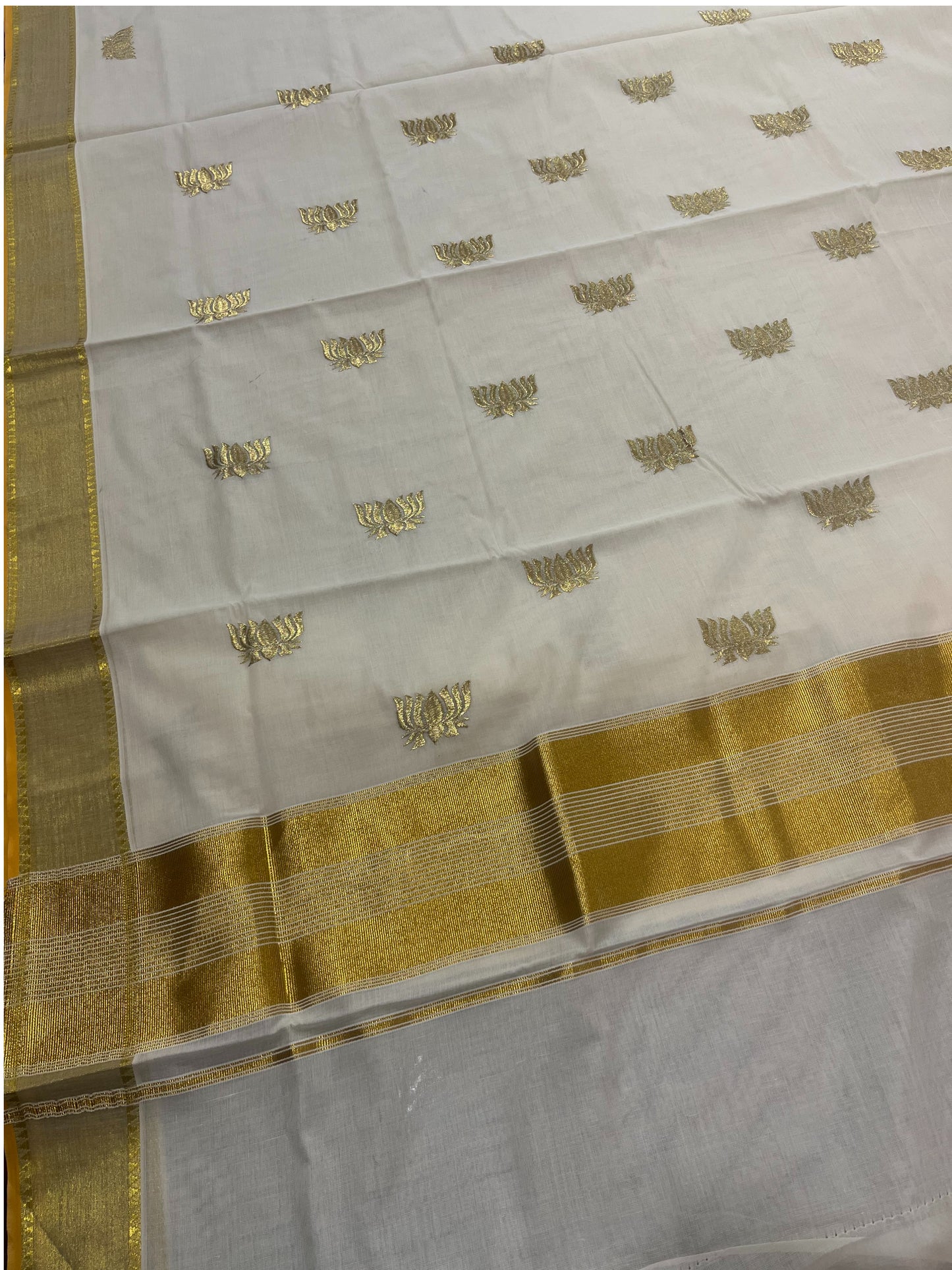 Southloom Cotton Kerala Kasavu Saree with Lotus Embroidery Design