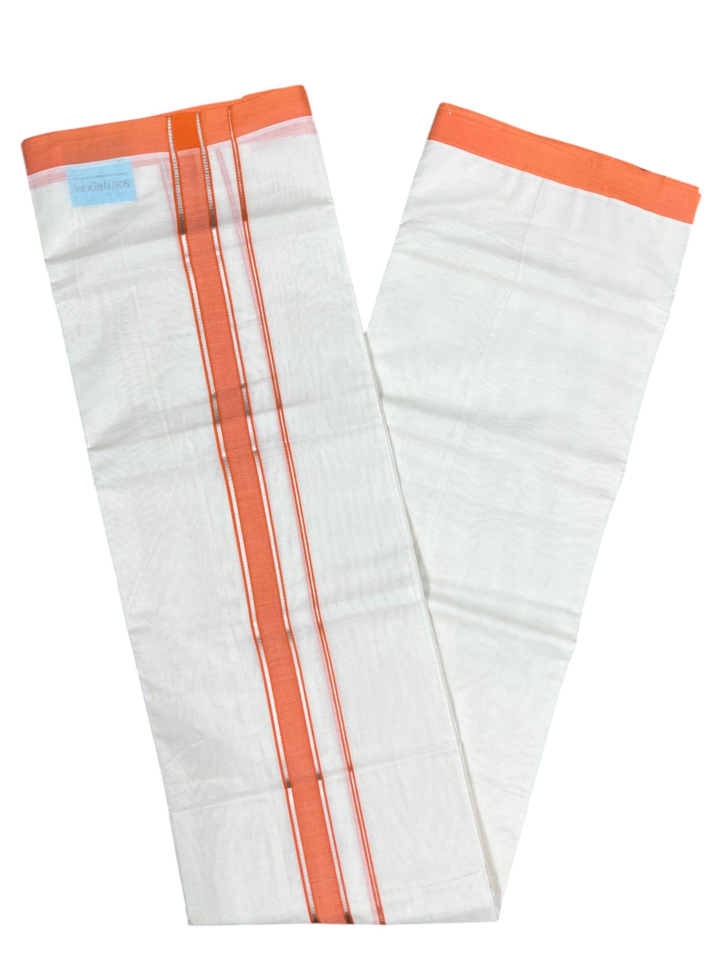 Southloom Pure Cotton Mundu with Silver Lines and Orange Border (South Indian Kerala Dhoti)