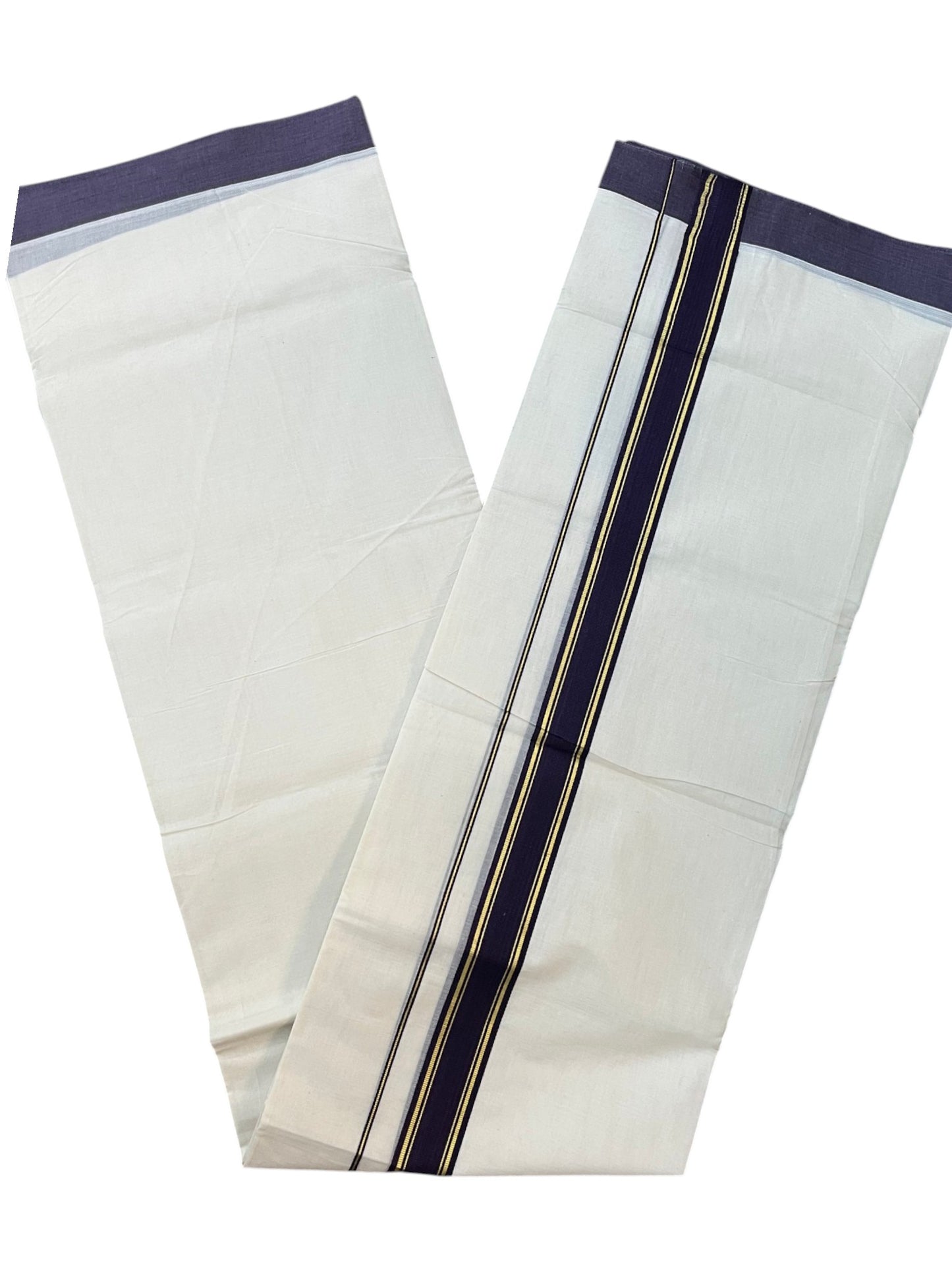 Southloom Pure Cotton Mundu with Golden Lines and Purple Border (South Indian Kerala Dhoti)