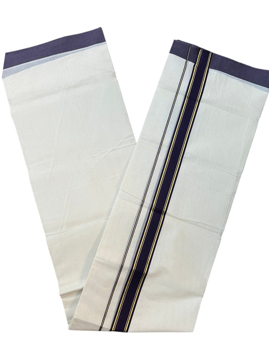 Southloom Pure Cotton Mundu with Golden Lines and Purple Border (South Indian Kerala Dhoti)