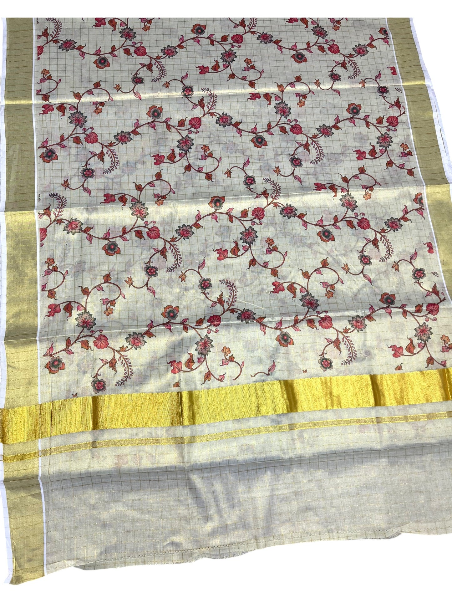 Southloom Tissue Check Kalamkari Print Kerala Kasavu Saree in Red