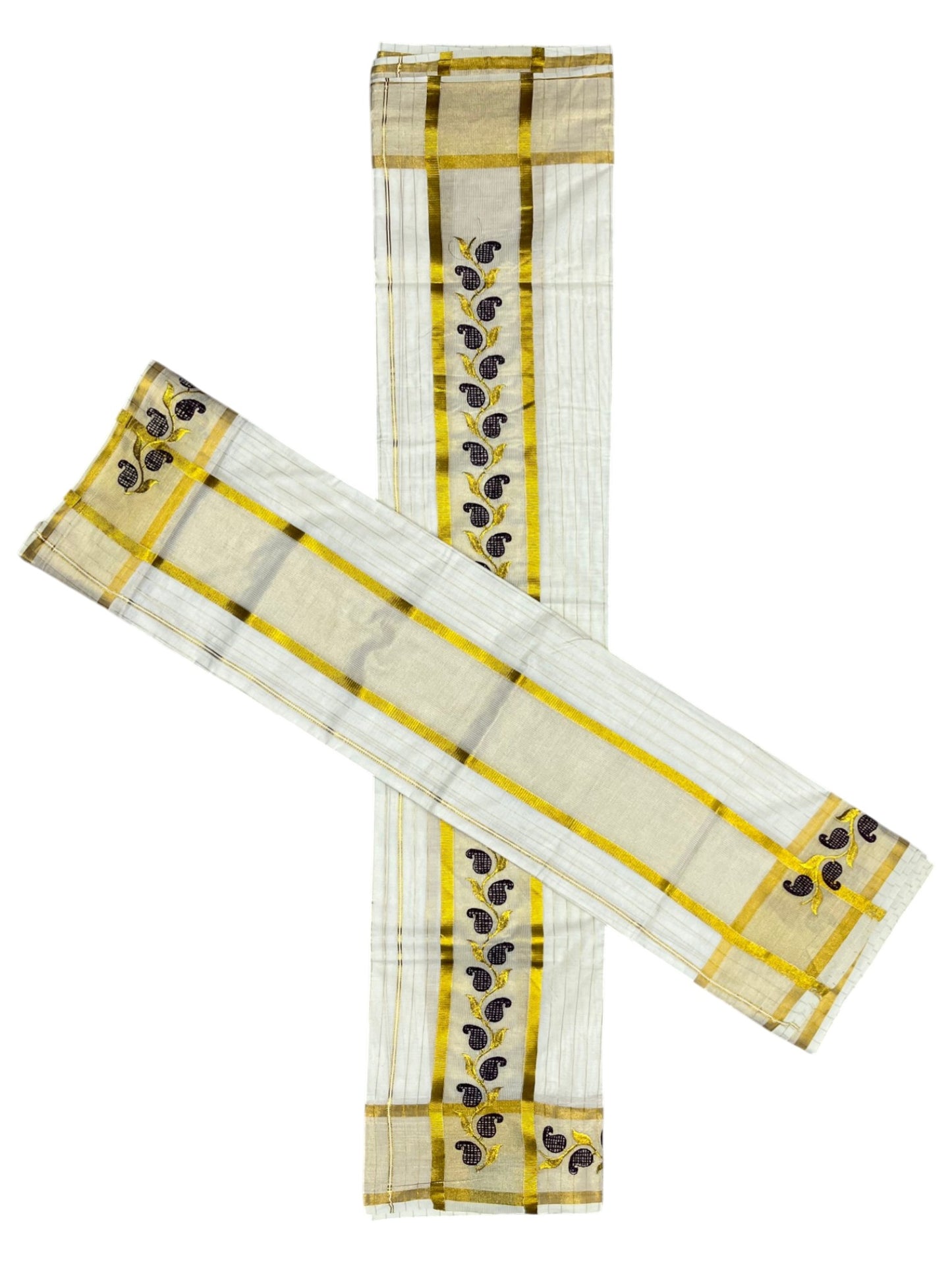 Southloom Cotton Lines Single Set Mundu (Mundu Neriyathum) With Embroidery Design Purple And Gold Border Kasavu in 2.80 Mtrs