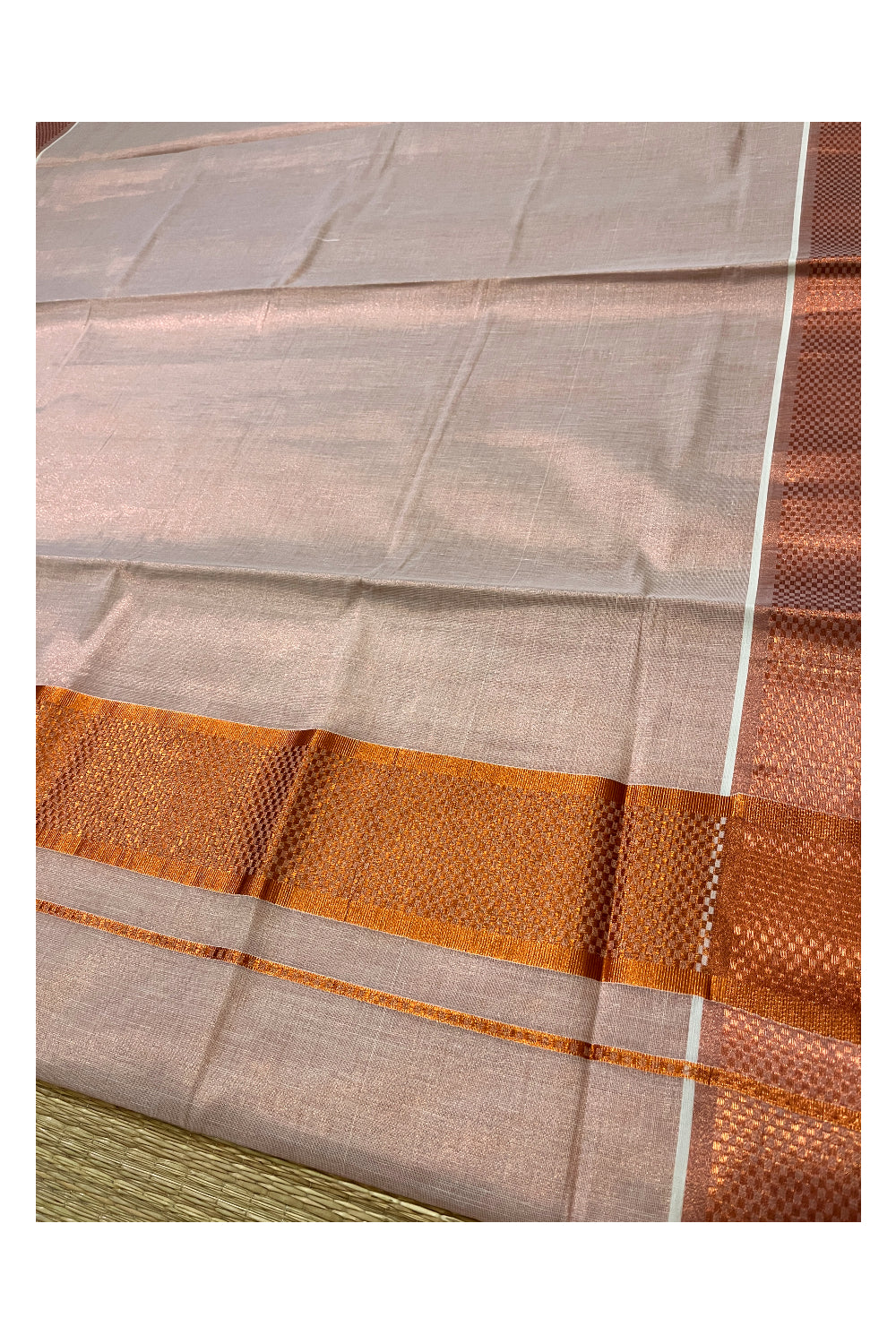 Kerala Copper Tissue Kasavu Plain Saree with Paa Neythu Border