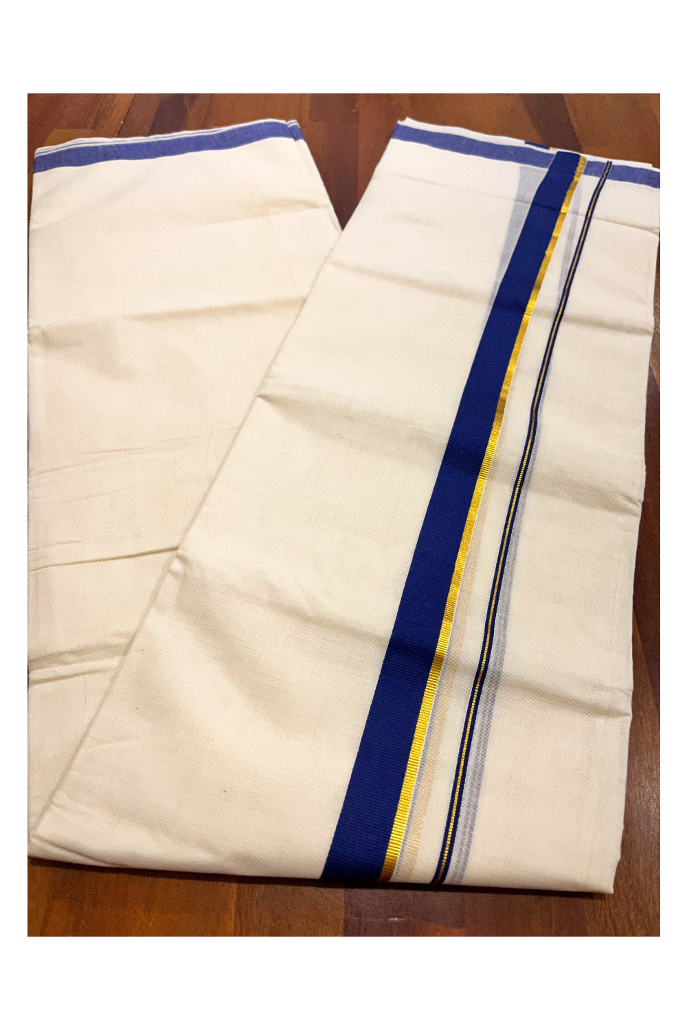 Pure Cotton Mundu with Blue and Kasavu Border (South Indian Kerala Dhoti)