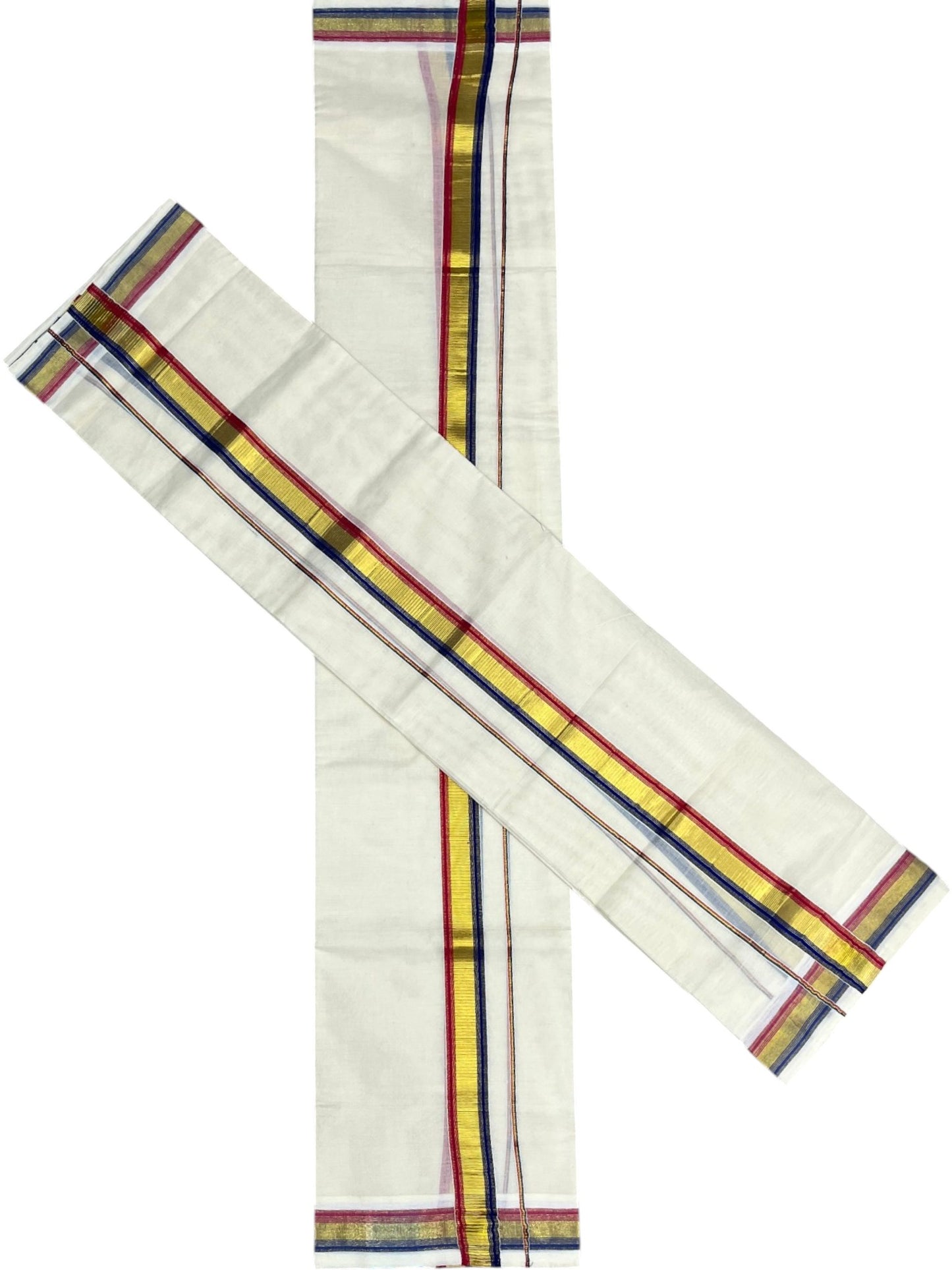 Kerala Cotton Set Mundu (Mundum Neriyathum) with Kasavu and Blue &Dark Pink Border 2.80 Mtrs SLKK SL470