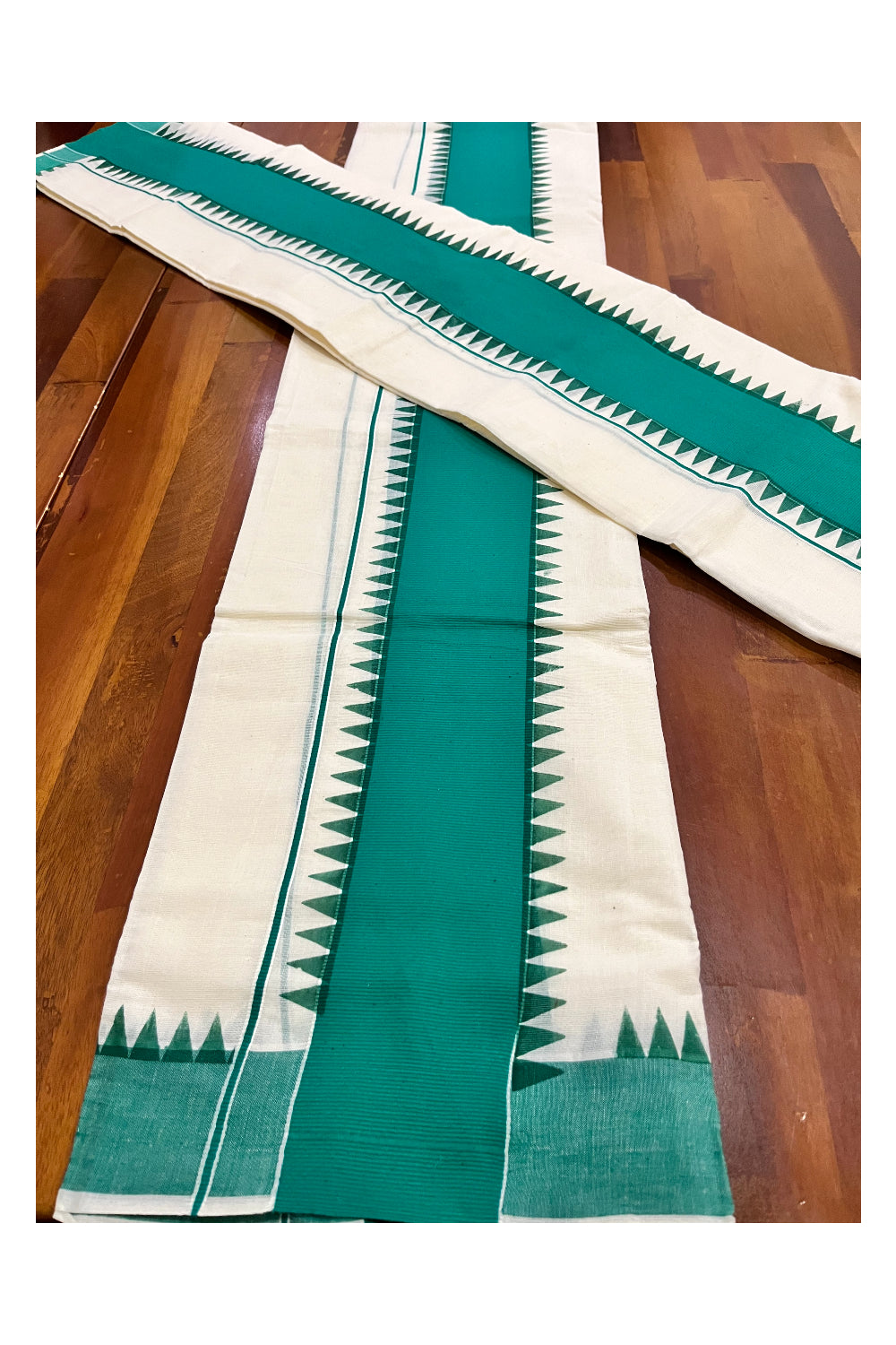 Kerala Pure Cotton Set Mundu Single (Mundum Neriyathum) with Green Temple Border