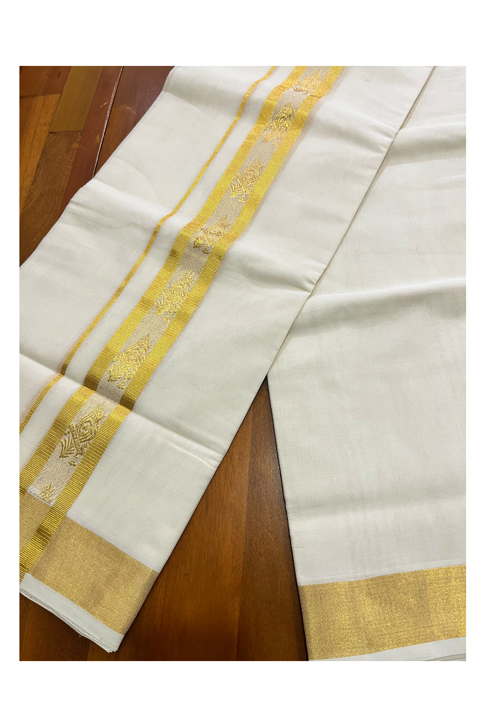 Southloom Premium Handloom Wedding Mundu with Kasavu Feather Woven Border (South Indian Kerala Dhoti)