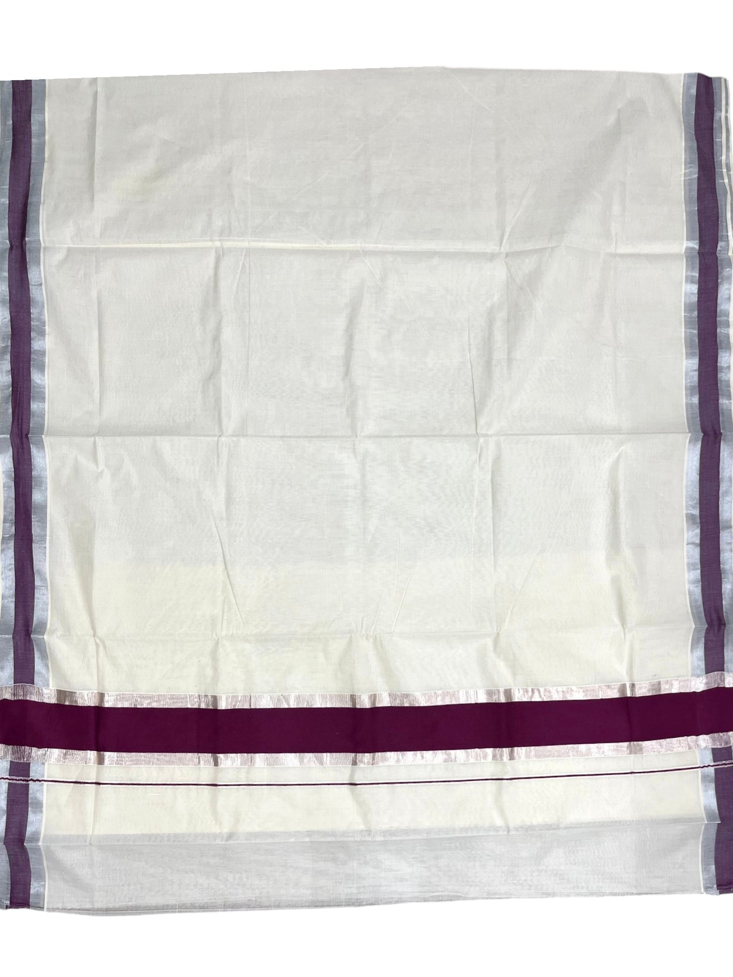 Kerala Pure Cotton Plain Saree with Silver Kasavu and Purple Border
