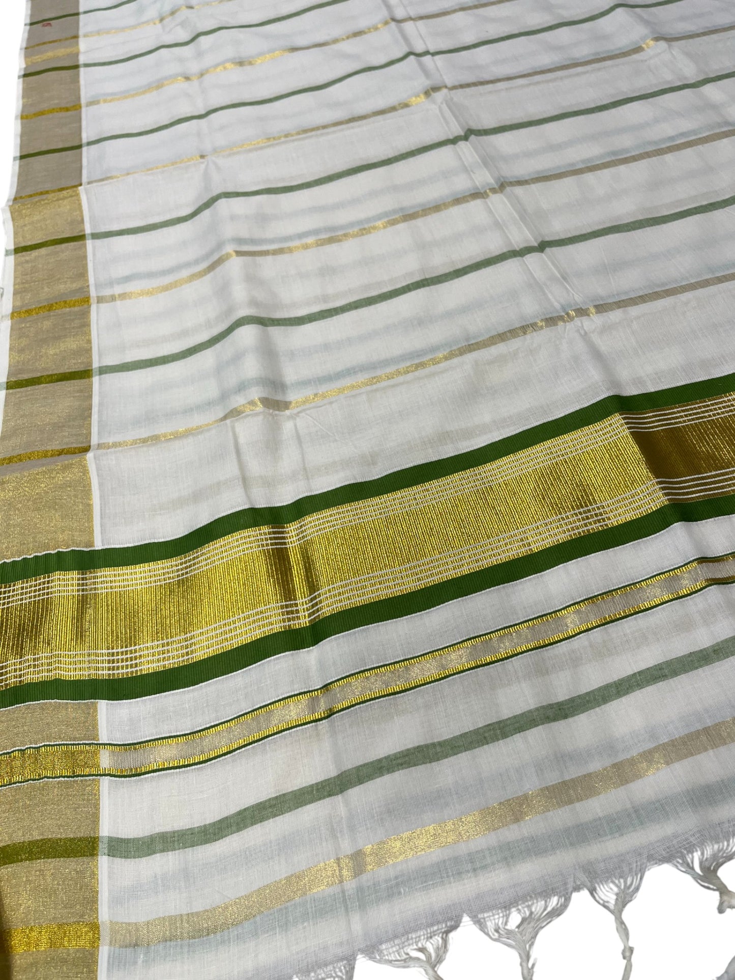 Southloom Kerala Cotton Kasavu Saree with Gold And Green Lines on Body