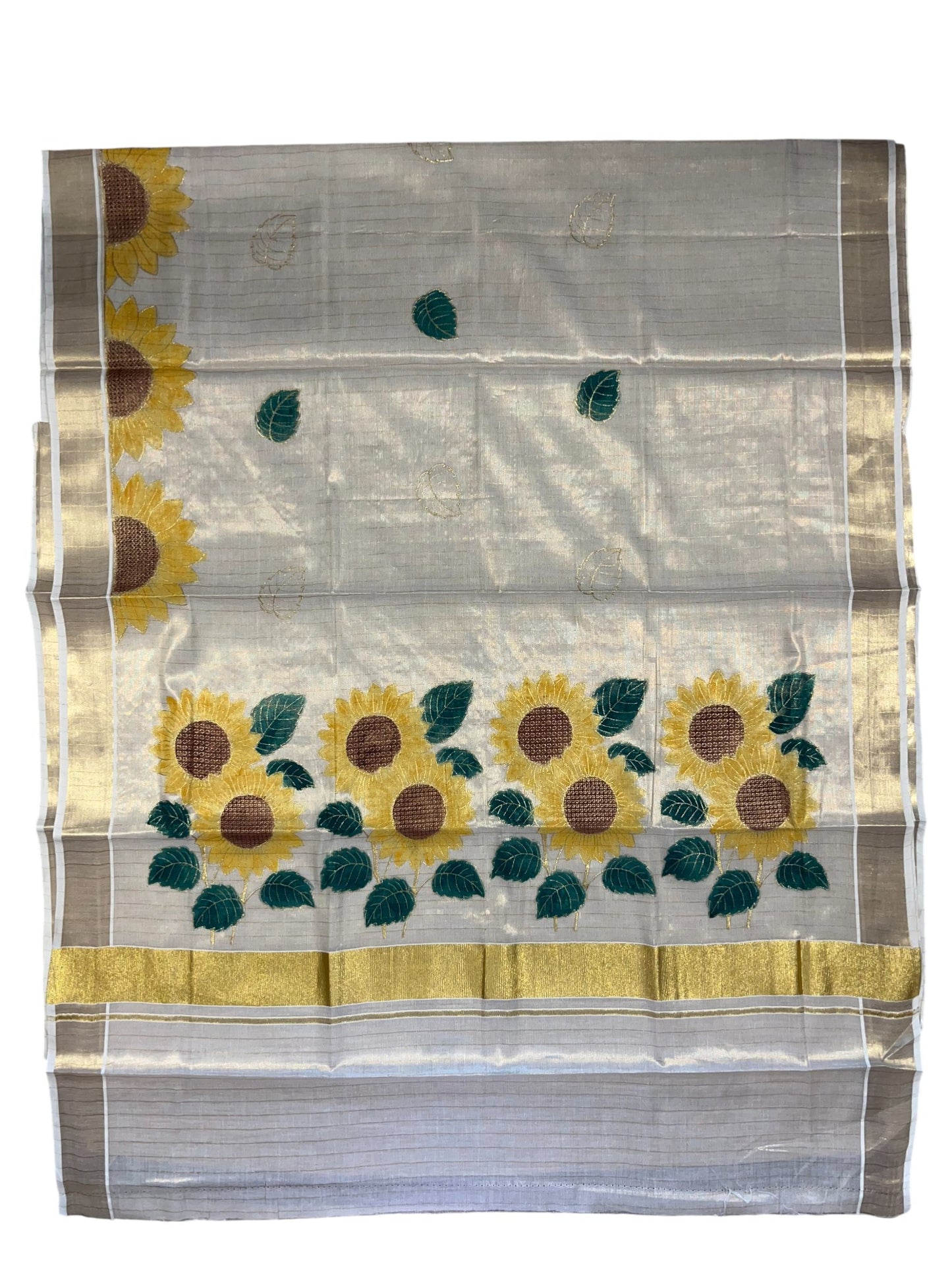 Southloom Kerala Tissue Kasavu Lines Saree with Embroidery Work in Yellow Floral Print